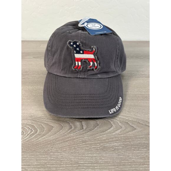 Life is Good Adult Unisex Americana Dog Tattered Chill Cap Patriotic Gray- New - Picture 1 of 4
